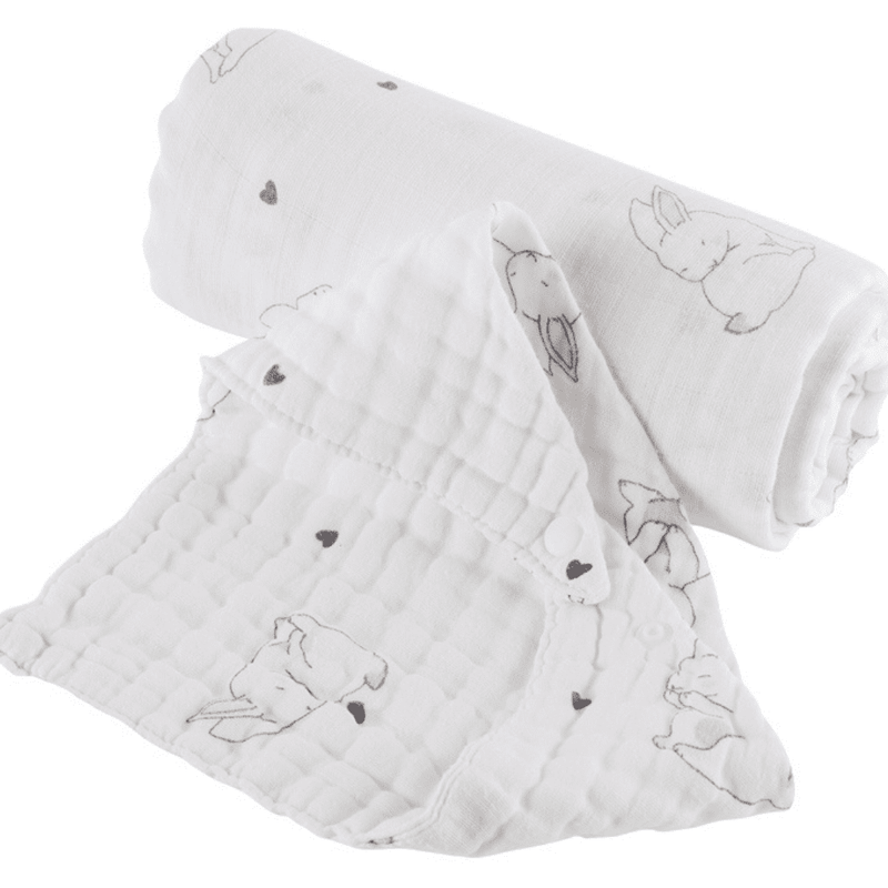 Mussola coniglietto abbinata a bavaglino coniglio. Assorbenti e traspiranti, ottima idea regalo per neomamma. Mv Smart Baby